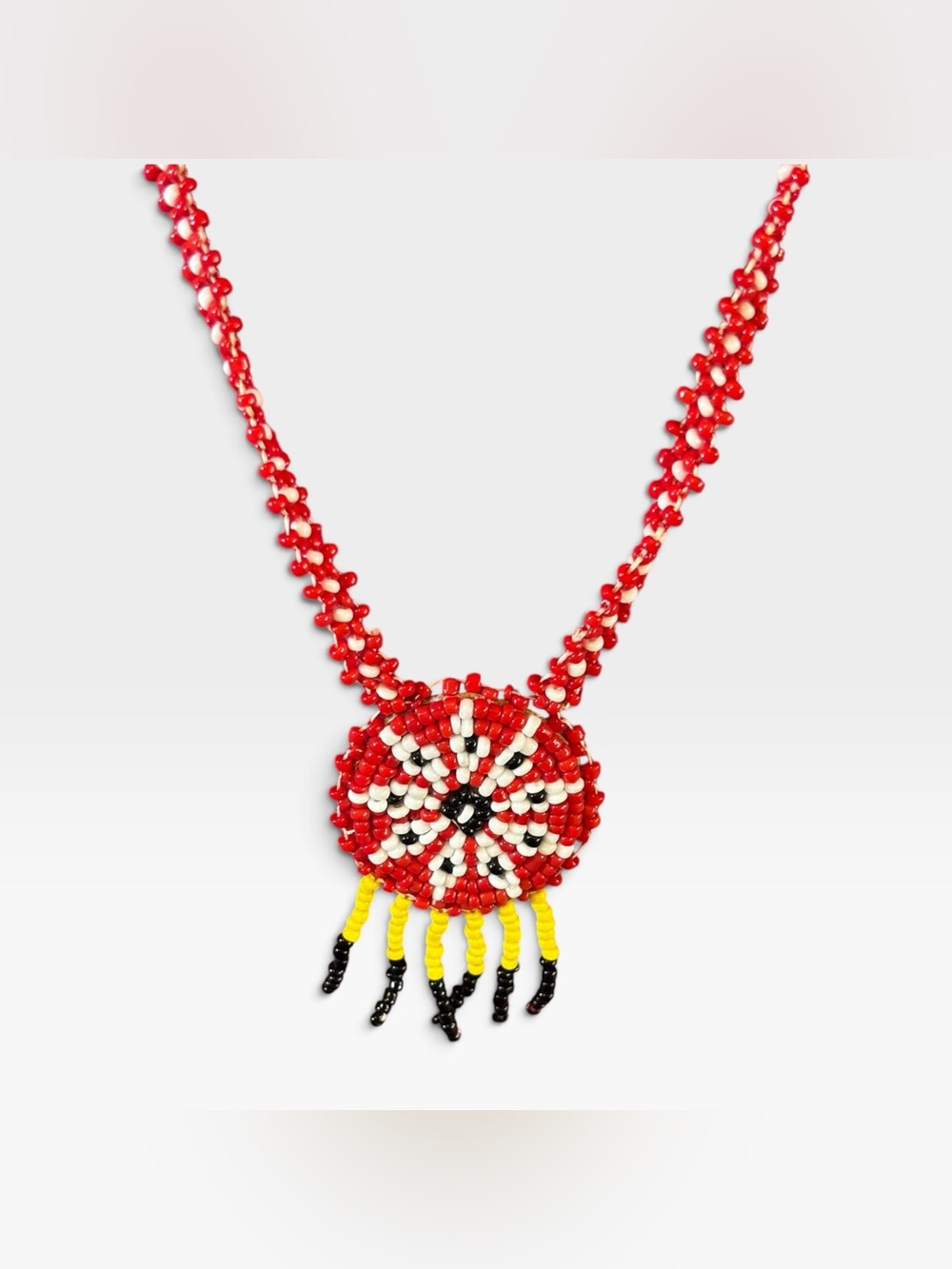 Vintage 70s Red Beaded Rosette Fringe Medallion Necklace 16"